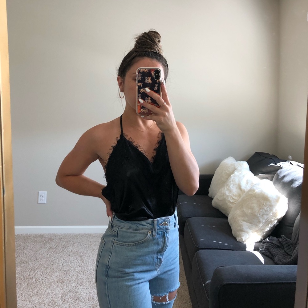 LF black lace silk cami